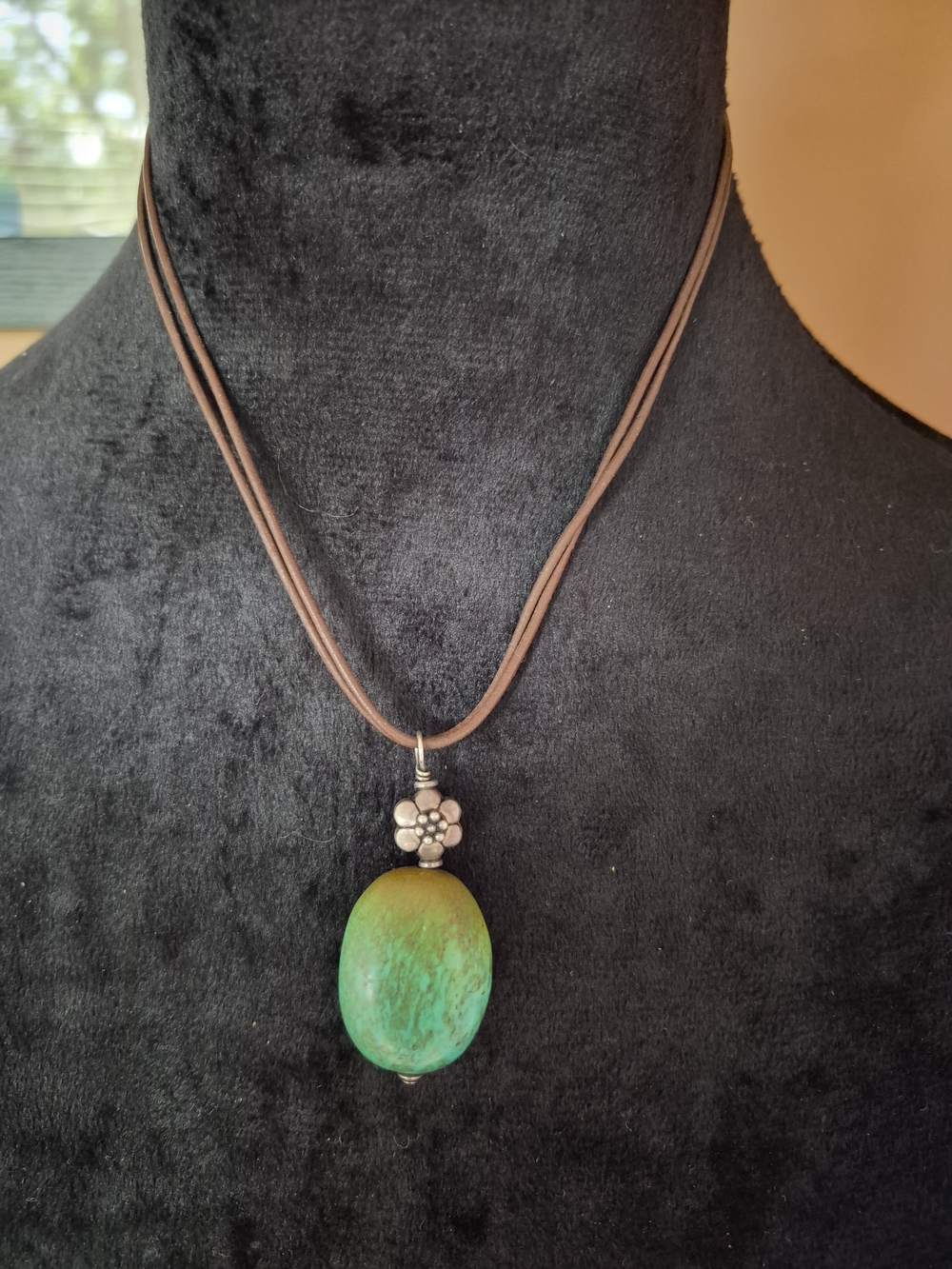Handmade Green Stone Pendant Necklace with Brown Cord